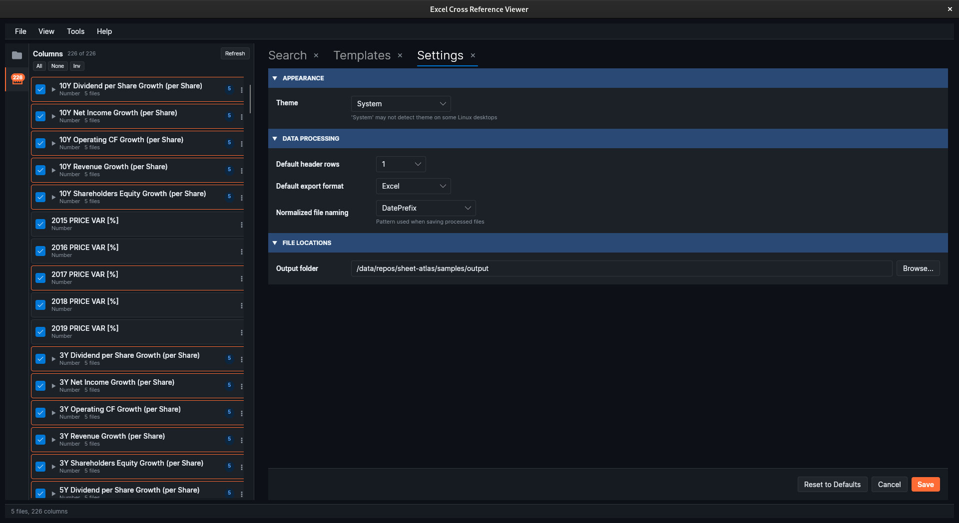 Settings panel showing theme, export, and file location options