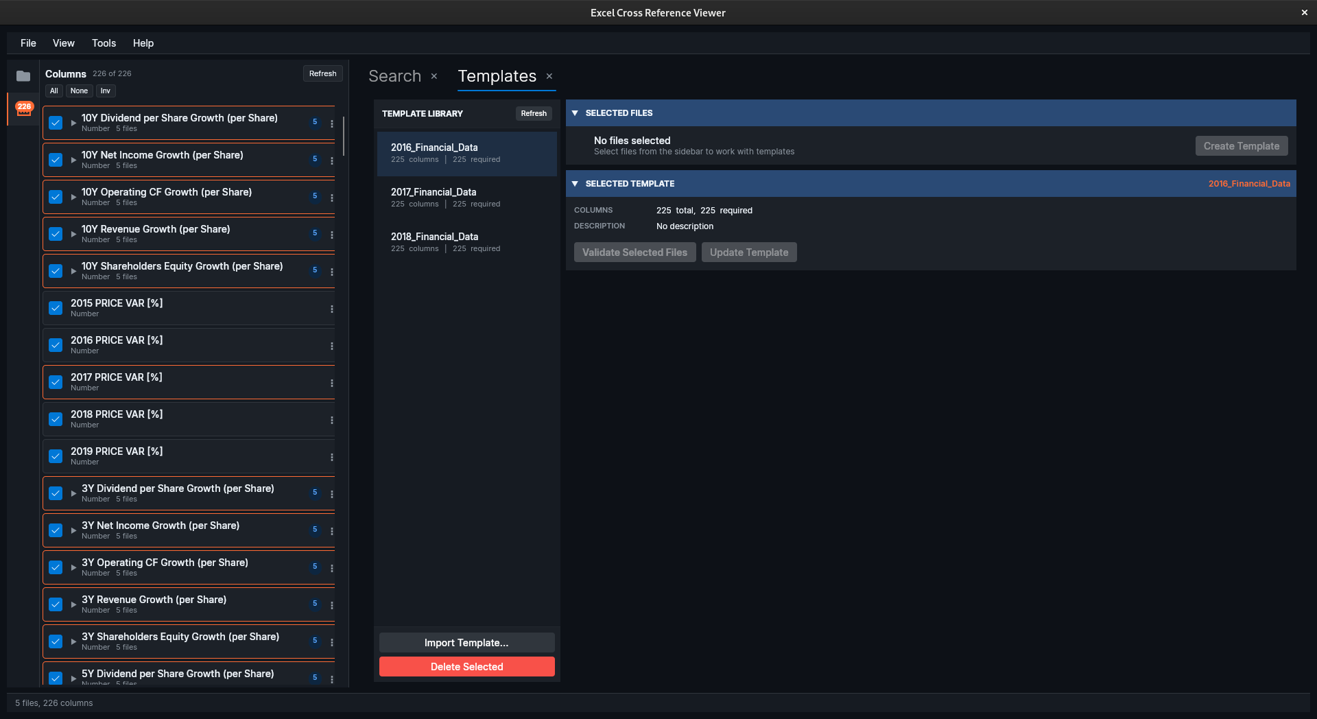 Template validation showing column matching and validation results