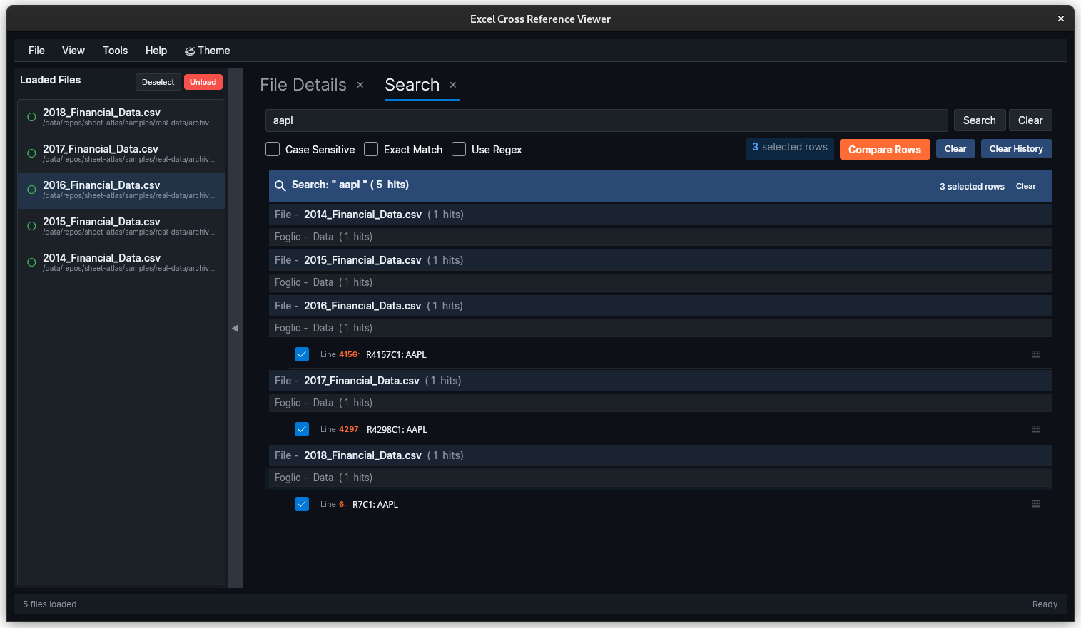 SheetAtlas search results organized in hierarchical tree view across multiple Excel files